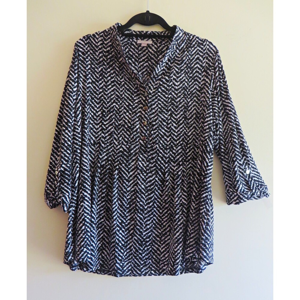 Roz And Ali Black & White Herringbone V-Neck 3/4 Sleeve Blouse Top 1X